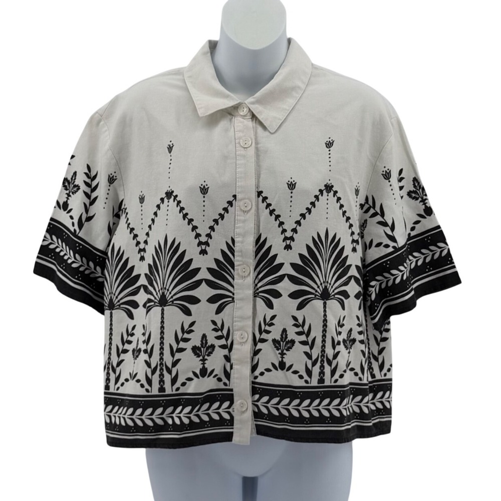 Ellen Tracy Linen Blend Top Women Large Palm Print Button Down Shirt Ivory Black